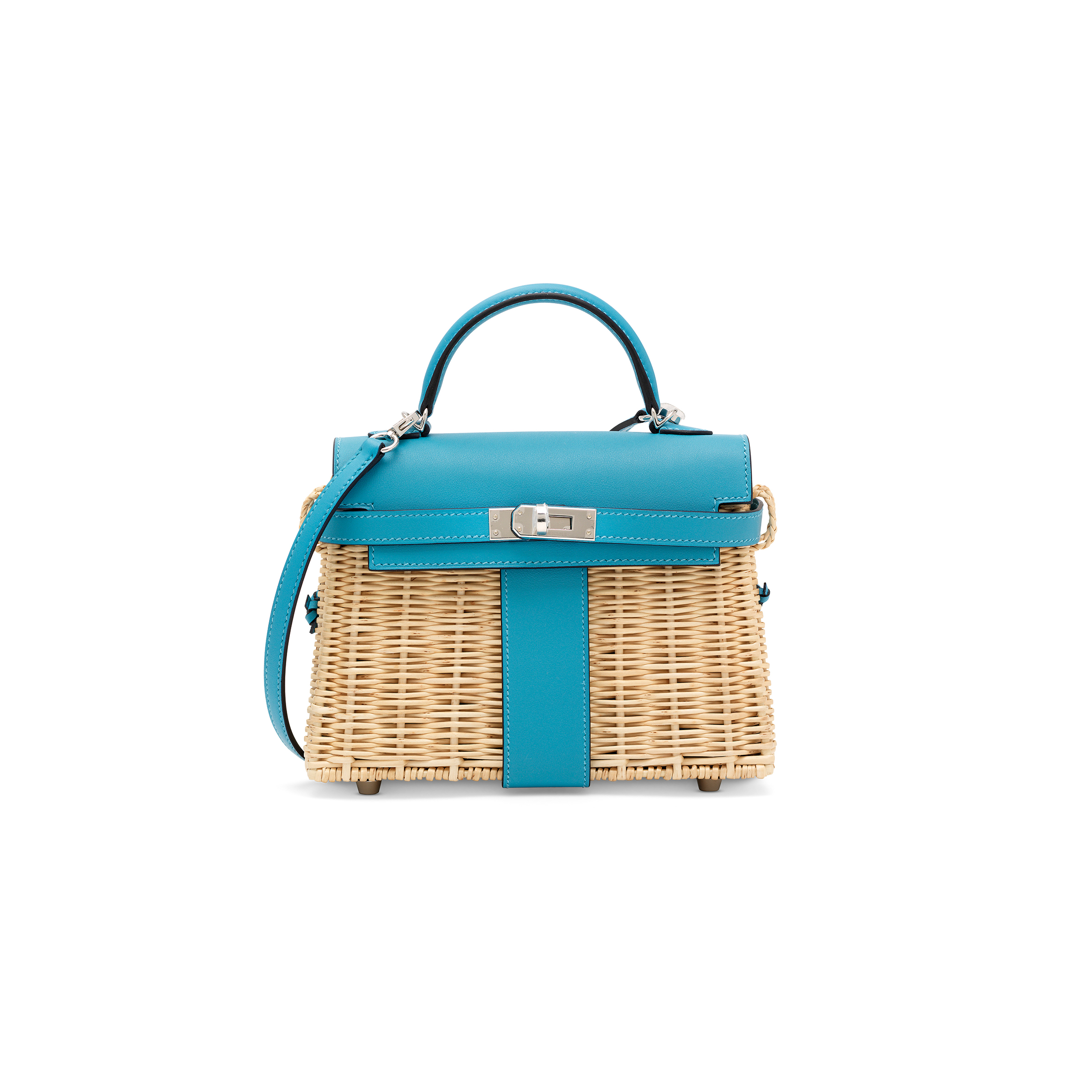 H**mes master bleu du nord swift leather & osier mini picnic kelly 20 with palladium hardware (20*14*8cm)